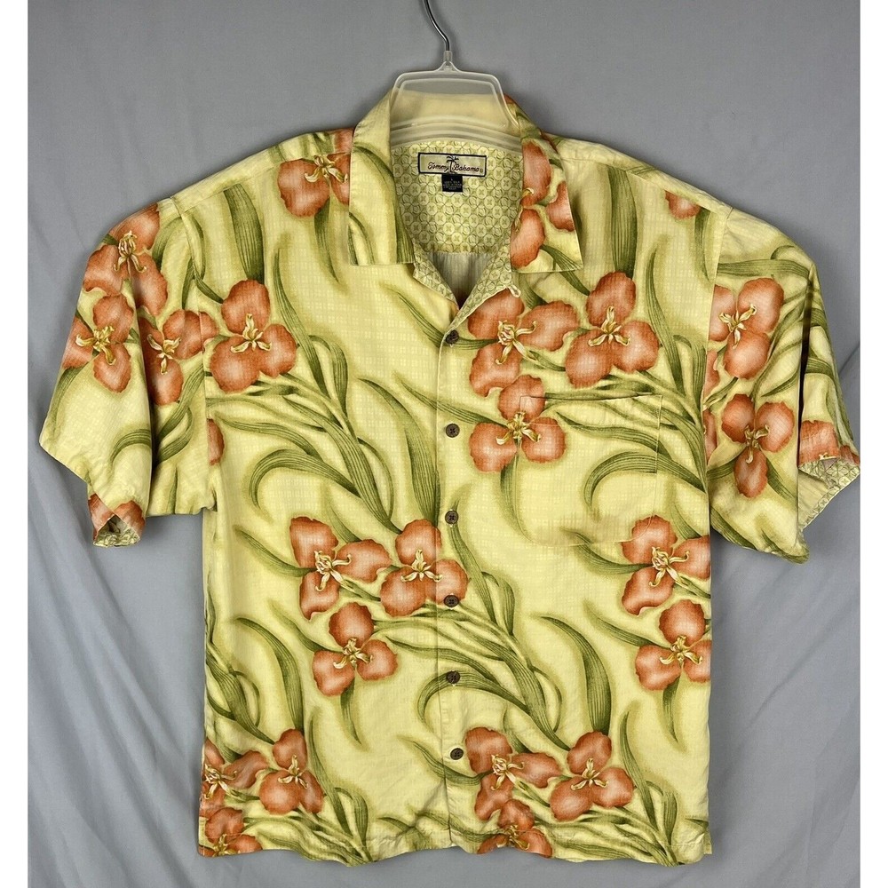 Tommy Bahama Hawaiian Camp Shirt Mens Large L Orange Green Floral Silk Button Up